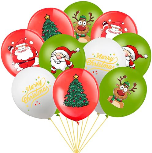 25pcs 5styles Red Green White Christmas Balloons,12inch Santa Claus Pine Tree Elk Merry Christmas Latex Balloons for Xmas Gift Birthday Party Decorations Adults