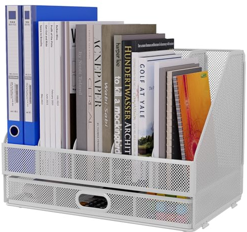 EasyPAG Desktop Metal A4 Magazine File Holder Mesh Desk Tidy Office Literature Document Ring Binder Paper Organiser Filing Rack with Drawer,5 Compartments,White