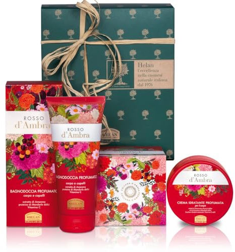 Helan Rosso d'Ambra - Gift Set Women with Shampoo & Body Wash with Vitamin C, 200 ml + Scented Moisturising Body Cream for Dry Skin with Sweet Almond Oil, 200 ml - Made in Italy, Gifts for Women