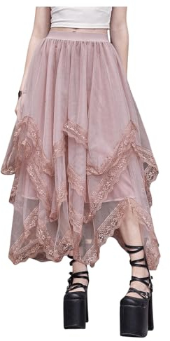 SHENHE Women's Lace Trim Layered Mesh Tulle Skirt High Waist Asymmetrical Long Goth Skirt Dusty Pink S