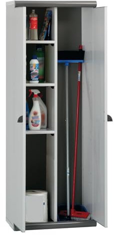Garofalo - Scik Basic Recycled - Armario Alto de Resina con Escobero (PVC) 2 Puertas para Almacenamiento Exterior, Armarios Terraza, Color Gris, V02.17.501