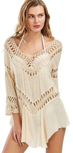 Jinsha Vestidos Verano Ropa Camisola de Pareos Kaftan Playa Playeros Sexy Tejidos Crochet Ganchillo Bikini Cover Up Baño Faldas Fiesta Vacacional Elegantes Trajes Sueltos Tops Mujeres Beige