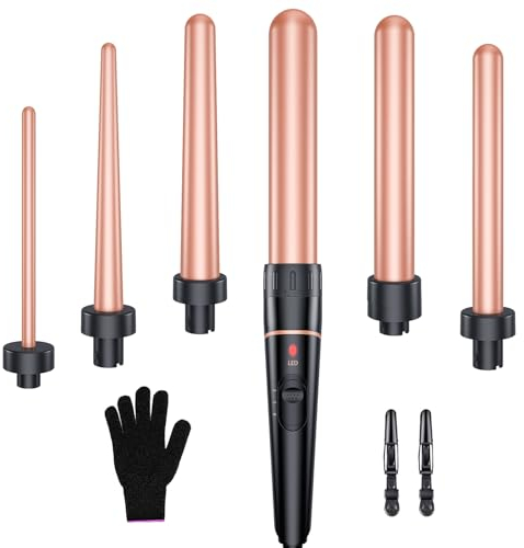 BESTOPE PRO 6-in-1 Lockenstab Große Locken und Kleine, Lockenstäbe, Lockenstab Mit Verschiedenen Aufsätzen, Handschuhen Temperatur Einstellbar, Goldrosa