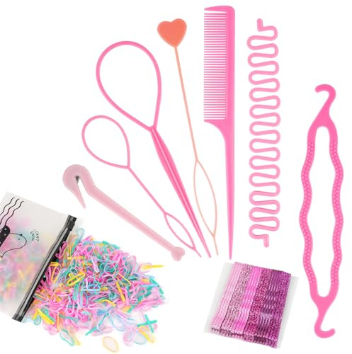 Tail Hair Tools, Hair Loop Pull Through Tools, Hair Braiding Tools with Hair Elastics Hair Plaiting Rat Tail Comb Bands Remover and Hairpin, Hair Updo for Girls Women French Hair Styling