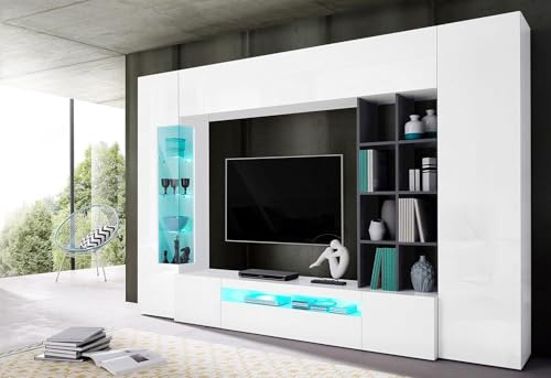 Montefioredesign Parete attrezzata da Soggiorno, Made in Italy, con Luce LED Blu, Base Porta TV e pensili e scaffali, cm 290x40h192, Colore Bianco Lucido e Ardesia