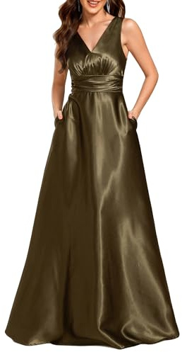 Ever-Pretty Abito Cerimonia Donna Eleganti Lungo Raso Senza Maniche Abito Damigella d'Onore Vestito Elegante Scollo a V Verde Oliva 36