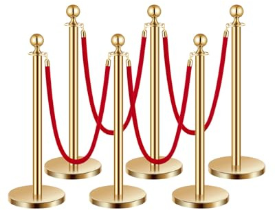 VEVOR Stanchions and Velvet Ropes 6Pcs, Hollow Base with Stainless Steel Post, 4 Red Velvet Ropes and Posts, Crowd Control Barriers Gold Stanchions, Red Carpet Runner Poles for Party Supplies