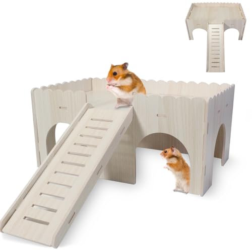 LANZLC Groß Meerschweinchen Haus mit Rampe, 4 Eingänge Meerschweinchen Spielzeug Zubehoer, Kaninchenhaus Holz, Meerschweinchenhaus für Kleine Haustiere Zwerghamster Rennmäuse Degus Stachelmäuse