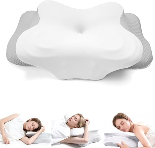 DROMEZ Almohada Cervicales y Cuello, Ergonómica Viscoelastica con Espuma de Memoria 65 kg/m³, Ortopédica Antironquidos Transpirable, para Dormir de Lado o Boca Arriba, 62x37x9/14cm