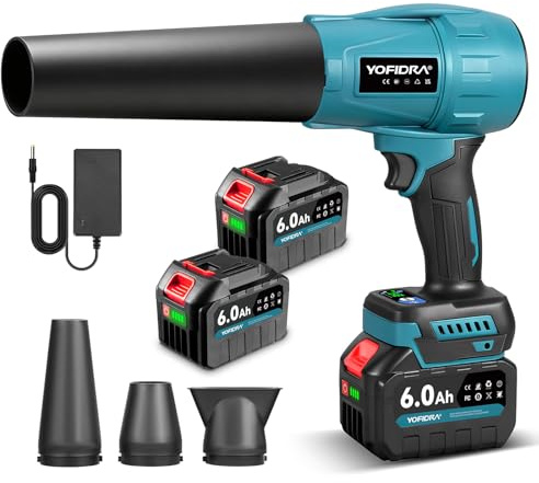 Yofidra Souffleur de Feuilles sans Fil, Mini Souffleur à Feuilles avec Turbocompresseur, 33 000 TR/Min, 300m/s, avec 2 Batteries, 3 Vitesses, 4 Buses, pour Jardin, Voiture, Terrasse et