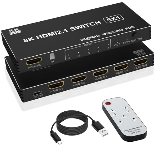 8K HDMI Splitter HDMI Switch 4K 120Hz - 5 in 1 Out hdmi switcher 8K 60Hz 4K 120Hz Splitter with Remote 3D HDR10+ HDCP 2.3 CEC, Use for PS5/4/3 Xbox Nintendo Switch DVD Roku Apple TV Fire Stick PC