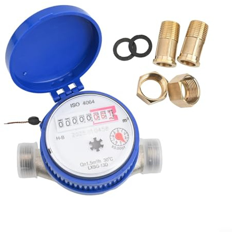 Rehoetom Contatore per acqua fredda a flusso singolo da 1/2 pollice per giardino e uso domestico con BSPT/per adattatori filettati NPT, costruzione in rame completo, 110 x 75 x 80 mm, blu grigio