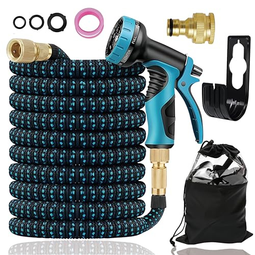 Feveqher Expandable Garden Hose Pipe, Upgraded 3-Layer Latex No-Kink Flexible Water Hose, 3/4&1/2 Metal Connectors, 10 Function Spray Nozzle, Hose for Gardening, Washing & Cleaning(100FT)