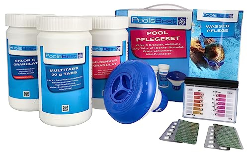PoolsBest Pool Starter Set 5 in 1 I Pool-Reinigungsset komplett zur Wasserpflege I Pool Zubehör Set für Einsteiger I Mini-Multitabs, Dosierschwimmer, Pooltester, pH-Senker, Chlorgranulat & Anleitung