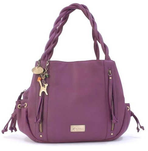 Catwalk Collection Handbags - Grande Borsa a Spalla in Pelle - Tote Bag Donna - Borsa a Mano da Giorno - Multi Scomparti - Caz - Viola