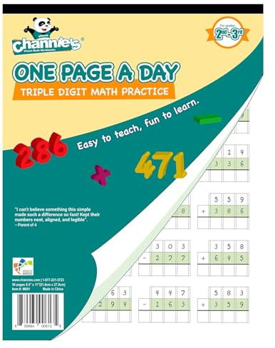 Channie's One Page A Day arbetsbok, trippelsiffrig matematikövningskalkyler, 50 sidor fram och bak, 25 ark, betyg 2:a och 3rd, storlek 8,5 tum x 11 tum