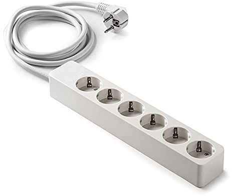 FAMATEL – Regleta de 6 tomas | Cable de 1,5 m | Hasta 3680W | 16A | 250V | Protección Infantil | Orientación tomas a 45o | Evita consumos fantasma | Blanco