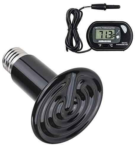 POFET E27 75W Bombilla de Calor Infrarroja de Cerámica, Lámpara de Calor para Animales, con un termómetro digital, para Reptiles de Terrario, para Anfibio, Lagartos, Tortuga, Serpiente