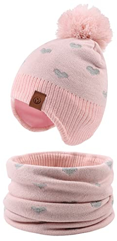 XIAOHAWANG Baby Strickmütze Winter Babymütze Junge Warme Kindermütze Junge Beanie Mütze Dicke Wintermütze für Herbst,Winter (Rosa(Hut+Schal), 4-7Jahren)
