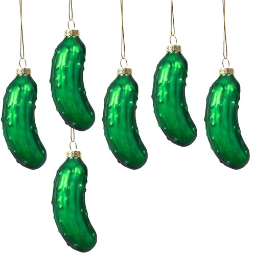 HERZWILD 6pcs Glass Pickle Ornament Traditional Christmas Hanging Decorations Glass Cucumber Ornaments Green Xmas Tree Pendant Christmas Tree Decorations