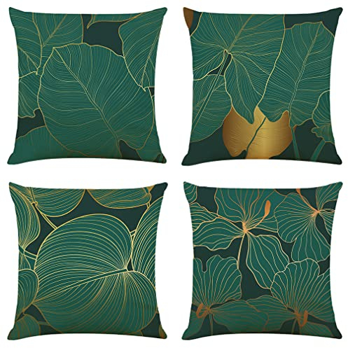 NIULAA Kissenbezug 45 x 45 4er Set Dunkelgrün Gold Deko Kissen Kissenhülle Dekokissen Natur Landhausstil Dekorative Sofakissen Leinen Kissenbezüge mit Motiv für Sofa Couch Wohnzimmer