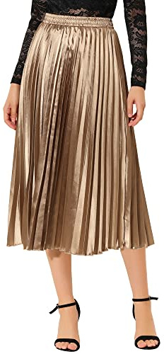 Allegra K Gonna da Donna Midi, Plissettata a Fisarmonica, Metallizzata Lucida con Elastico in Vita, M