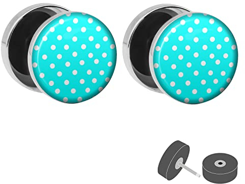 Treuheld® Fake Plug - Polka Dots Blau | Motiv Ohrstecker zum Schrauben - Anzahl: 1 Paar (2 Stück)