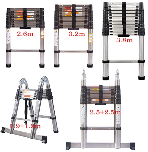 2,6M Teleskopleiter, Mehrzweckleiter ‎Edelstahl, 150 kg/330 Pfund Belastbarkeit, Ausziehbar Aluleiter, Ausziehleiter Mehrzweckleiter für Dachboden/Kletterdach, EN131-zertifizierte