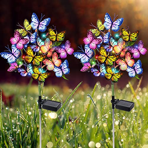 Adecorty Solar Garden Lights Outdoor Waterproof Decorative Solar Lights Outdoor 2 Pack with 44 LED 34 Butterfly Flower Garden Decor Yard Patio Lawn, Gifts for Mother's Day Mom Women