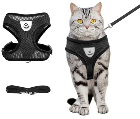shudyear Summer cat Chest Harness and Leash, Anti-Escape Adjustable Soft mesh cat Leash and Chest Harness Set for All Types of Cats cat Vests (Size M,Black)