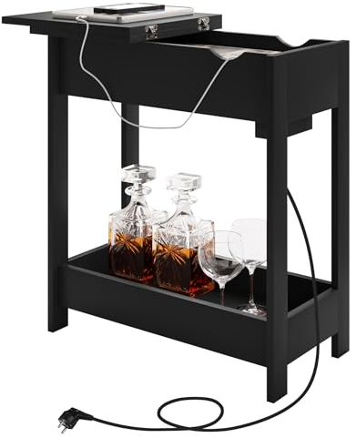 EUGAD Beistelltisch, Nachttisch mit Steckdose, Sofatisch, Couchtisch, Kleiner Tisch, Konsolentisch, klappbare Tischplatte, 3 Ablageflächen, für Wohnzimmer Schlafzimmer Küche, Schwarz, 0002CHJ