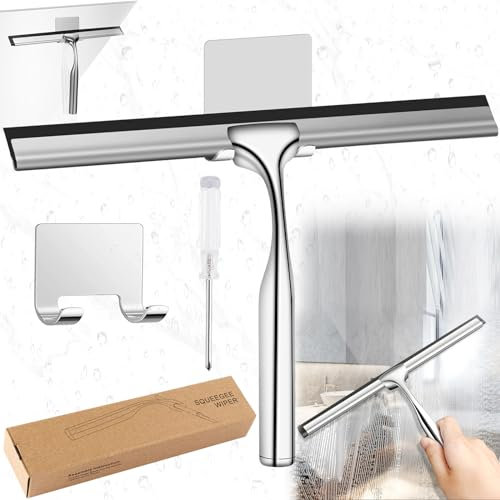 Srup Duschabzieher, rutschfeste Duschabzieher Edelstahl, Abzieher Dusche mit Halterung, Fensterabzieher Profi Benötigen, Edelstahl Fensterabzieher, Geeignet für Badezimmerfenster, Autoküchenglas