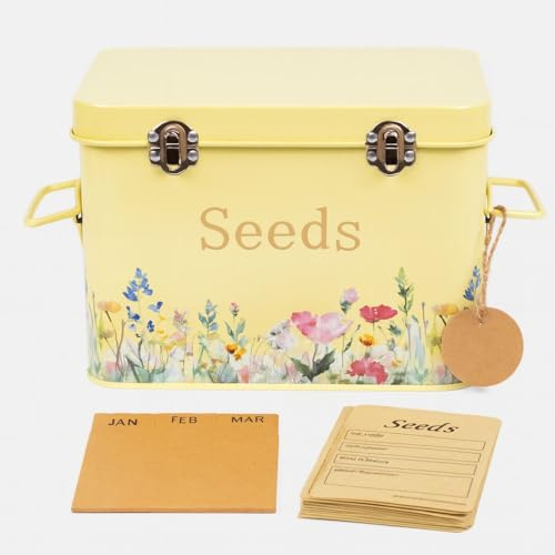 Gardening Naturally Metal Garden Seed Storage Box with Monthly Dividers and 12 Seed Envelopes, 22.5 x 16.2 x 17 cm (Buttercream)