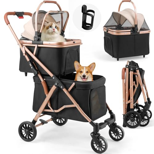 MAMIZO 4 en 1 Cochecito para mascotas 2 niveles, Carrito doble plegable para perros hasta 15 kg, Transportín para gatos con ventanas de malla portavasos, 4 PCS ruedas, Negro