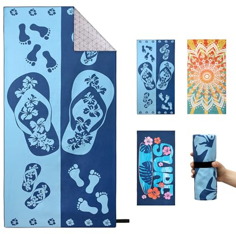 Yeahshion Serviette de Plage à Séchage Rapide 180x90 cm, Grande Serviette de Sport en Microfibre Anti Sable, Serviette de Plage Portable pour Sport, Voyage, Yoga, Natation, Tongs Bleus