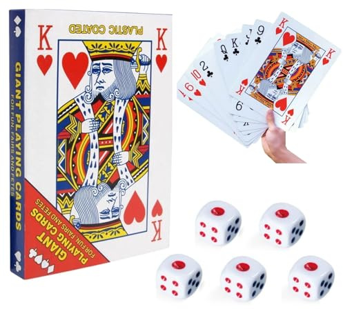 Dyiouxin Extra stort pokerspel, 52 stycken jumbo pokerkort, med 5 kuber för familj, fest, pokerkort, spelkort (17,5 x 12,5 cm)