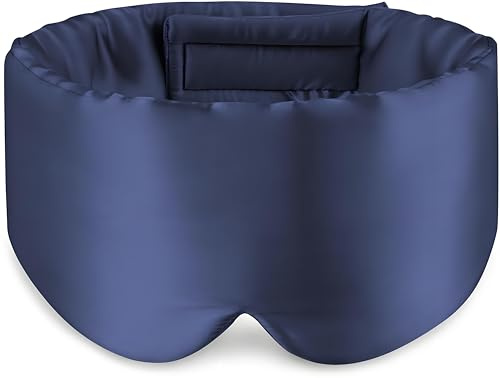 100% Mulberry Silk Sleep Mask, Large Size Eye Mask Face Hugging Padded Sleep Blindfold Silk Eye Cover with Adjustable Band for Total Blackout for All Night Travel Rest and Office (Navy Blue)