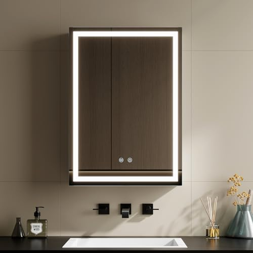 Warmiehomy Bathroom Mirror Cabinet with Lights,50x70cm 3-color Dimmable LED Illuminated Bathroom Mirror Cabinets with Shaver Socker Defogger Touch Switch One Door,White Frame