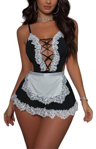 Gatamiau Women's Sexy Cosplay Lingerie French Maid Costume Lace Trim Cut Out Dress Deep V Open Back Lace up Babydoll Cosplay Halloween Roleplay Nightwear Fancy Servant Apron Dress (White+Black, S)