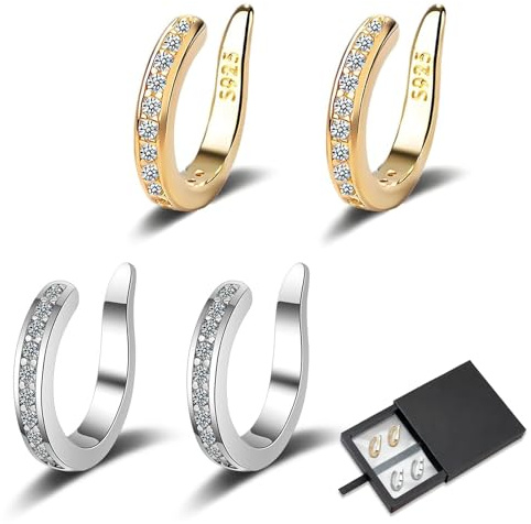 QingWing 2 Paia Orecchini per Orecchie a Sventola, Correttore Orecchie a Sventola Oro e Argento Con scatola portagioie, Senza Piercing, Ideali per Matrimoni, Feste, Occasioni Professionali