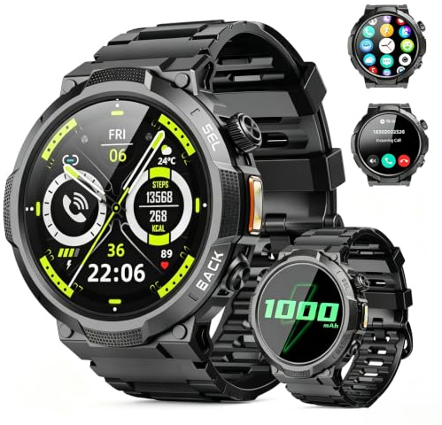 Smartwatch Herren Damen, 1.53 HD 1000mAh Militär Smart Watch mit Telefonfunktion, 100+Sportmodi Fitnessuhr Tracker, IP68 Wasserdicht Sportuhr, Herzfrequenz Schlafmonitor Schrittzähler Android iOS