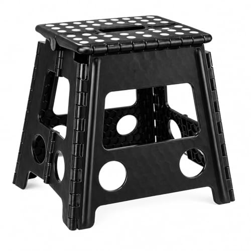 Taburete Plegable Cocina y baño 39 cm Antideslizante y Resistente, Escalon portatil XXL Negro, Escalera compacta para Acceder a armarios Altos, Ligero, Seguro y fácil de Guardar