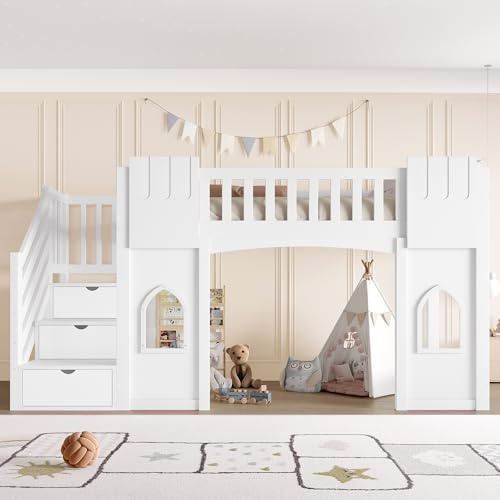 Letenbin Lit Mezzanine 1 Place 90 x 200 cm, Lit Château Adolescent avec Escalier de Rangement, Barrière de Sécurité, Structure en Pin Massif, Style Cabane, Parfait pour garçons et Filles, Blanc-B