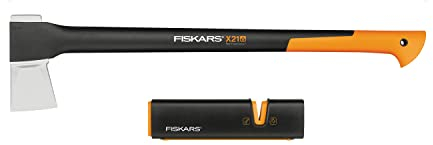 Fiskars Axt-Set, Spaltaxt: Inklusive Klingen-/Transportschutz, Länge: 71 cm, Antihaftbeschichtet, X21-L, 1,63 kg; Axt- und Messerschärfer: Keramik- Schleifkopf, Xsharp, Schwarz/Orange, 1019333