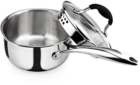 AVACRAFT Tri-Ply Stainless Steel Saucepan with Glass Strainer Lid, Two Side Spouts, Ergonomic Handle, Multipurpose Sauce Pan with Lid, Sauce Pot, Cooking Pot (Tri-Ply Full Body, 1.5 Quart)