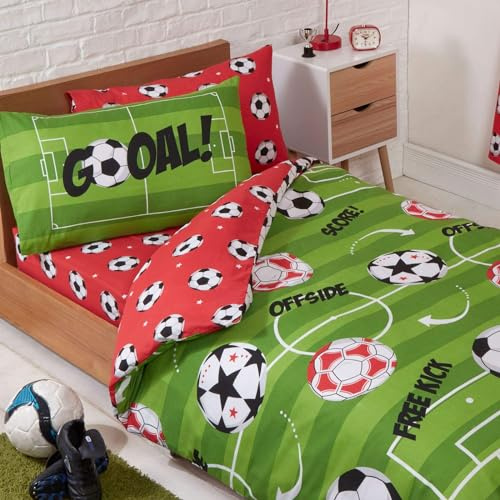 Price Right Home Football Red and Green Bedroom Range - Kids, Teens, Sports Theme - Duvet Cover Set, Fitted Sheet Set & Curtains Available (Single Duvet Cover Set)