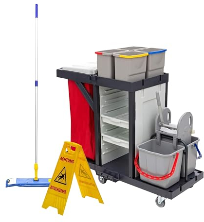 Wisch-Star Kunststoff Putzwagen Reinigungswagen mit Presse, 2X 20 Liter Eimer, 4X 6 Liter Eimer, 2X Ablagefächer und 120 Liter Müllsackhalterung