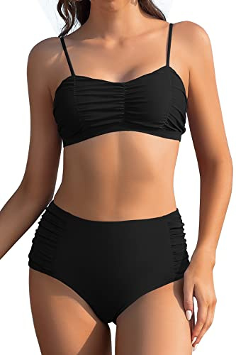 SHEKINI Costumi da Bagno Donna Due Pezzi Halter Tracolla Regolabile Retro Ruched Bandeau Bikini Top Vita Alta Ruched Bikini Fondo Costume Due Pezzi Donna Bikini da Spiaggia (Nero, M)