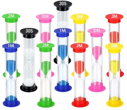 TeacherFav Temporizador de arena para niños, juego de 12 relojes pequeños coloridos (multi) cubiertos de acrílico de cristal de hora, 2 piezas cada uno durante 30 segundos, 1 minuto, 2 minutos, 3