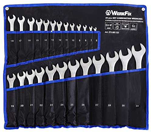 S&R WerkFix - Juego de llaves combinadas - 25 piezas + bolsa - acero al cromo-vanadio - marcadas por láser - mate